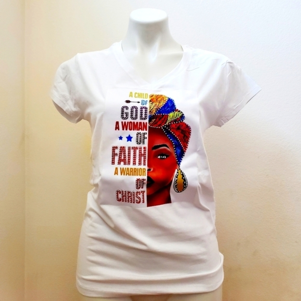 Women "A Child Of God" Graphic White V-Neck T-Shirt Print Size XL